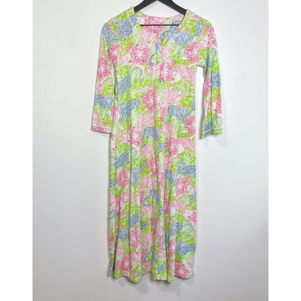 Lilly Pulitzer Animal Crackers 3/4 Sleeve Front Zip Mumu Pink Green Smal…